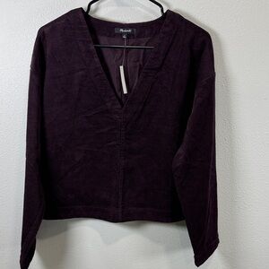 Madewell Waffle-Knit Relaxed V-Neck Top in black iris a deep purple NO214